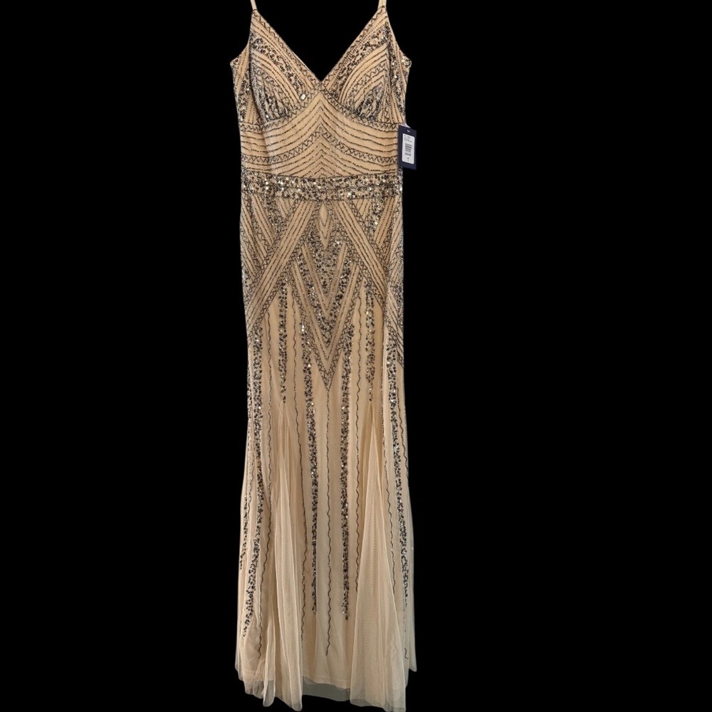Marina Art Deco Nude Silver Beaded Sequin Formal Gatsby Gown Size 8 NWT - Picture 2 of 5